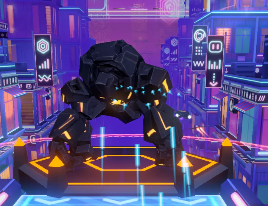 The Guardian, a black stone golem with glowing orange cracks, standing on its arena platform.