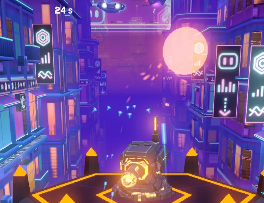 The Sentinel turret on its hexagonal platform, glowing orange as it charges a shot.