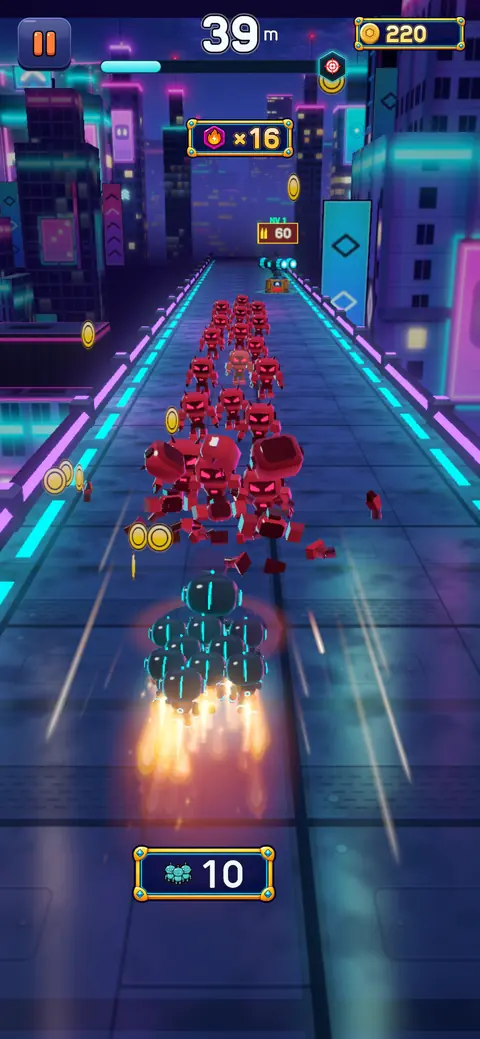 The swarm with a flame trail facing a red horde.