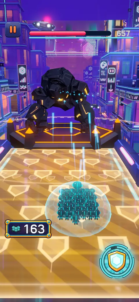 The swarm under a shield bubble against the Guardian boss.