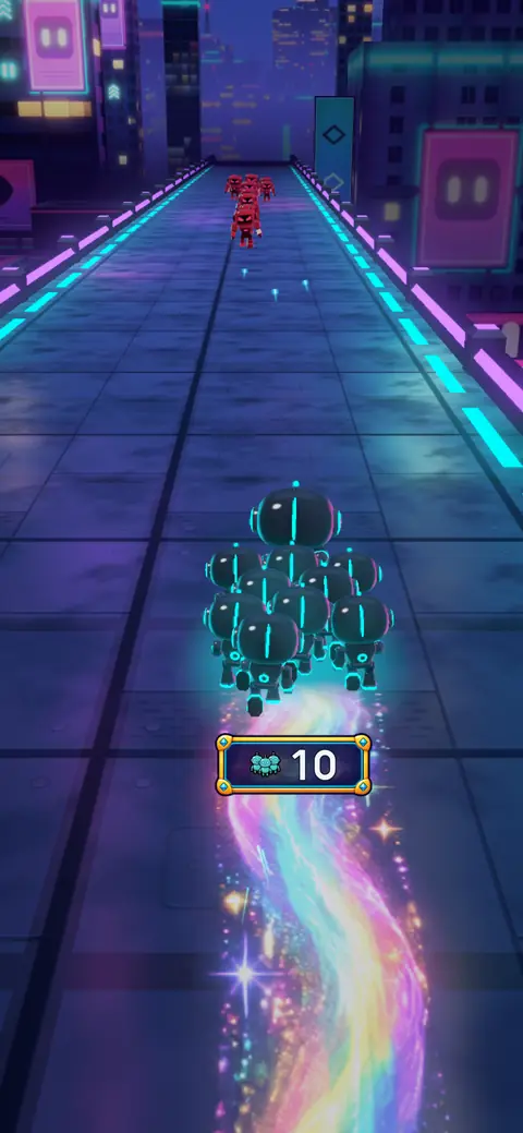 The swarm leaving a rainbow prism trail.