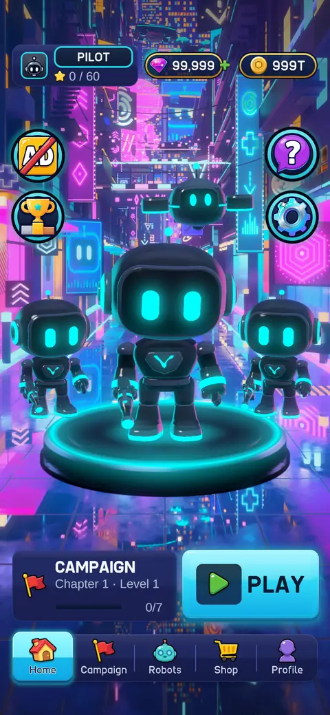The home screen with the robot on its pedestal and the Play button.