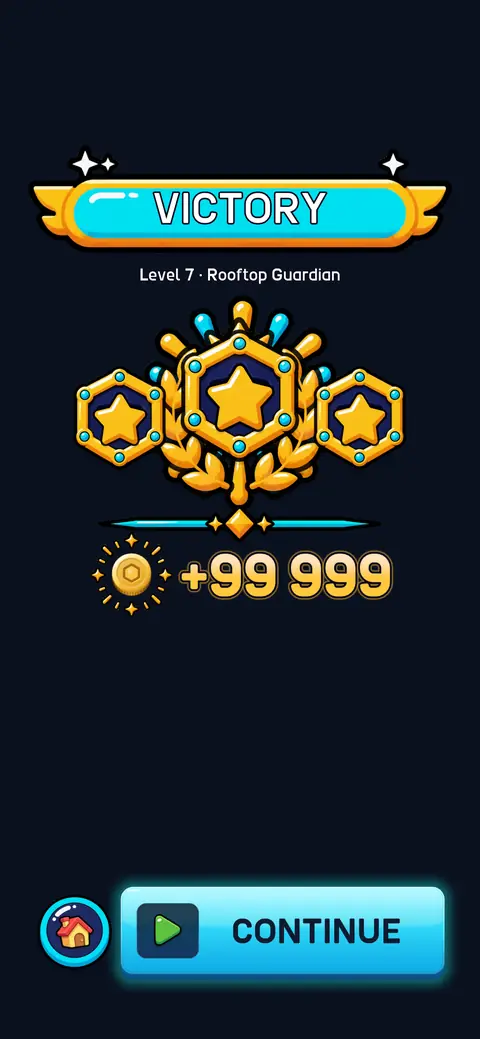 The victory screen with three gold stars.