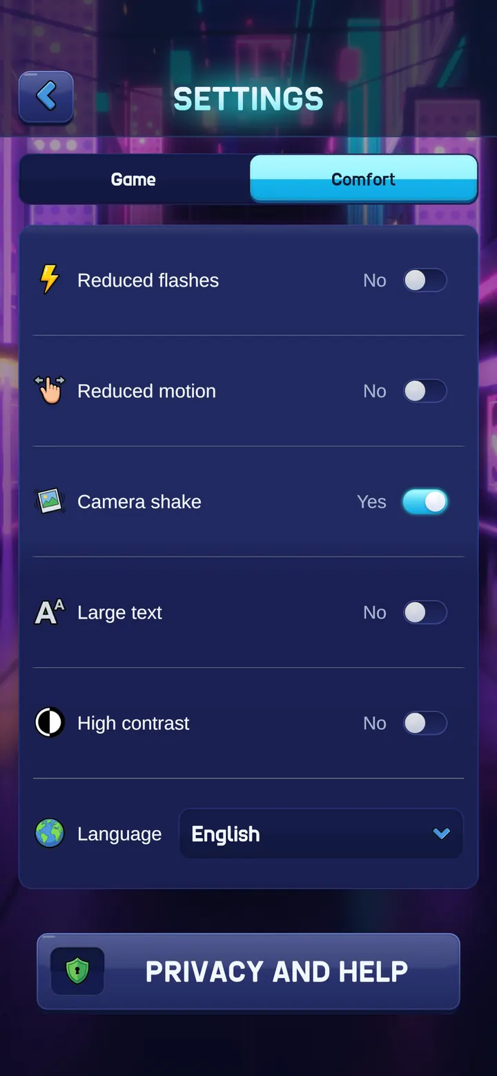 The Comfort tab of the settings: reduced flashes, reduced motion, camera shake, large text, high contrast and language.