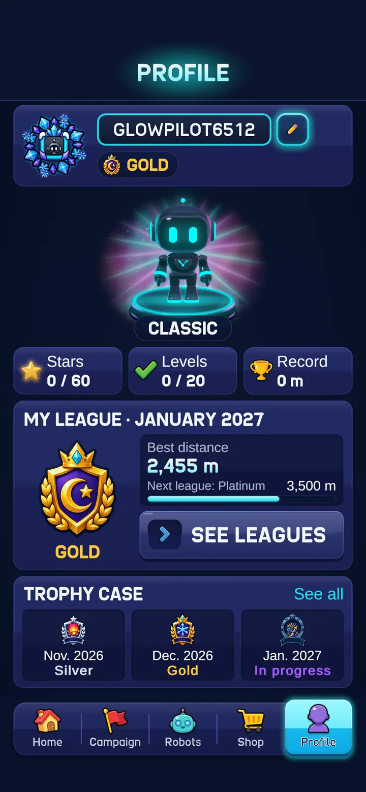 A player profile in the Gold league, with a trophy case of past months. Sample data.