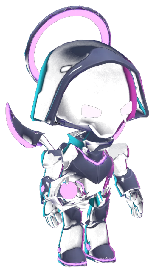 Eclipse, a hooded black robot with pink eyes and a crescent halo.