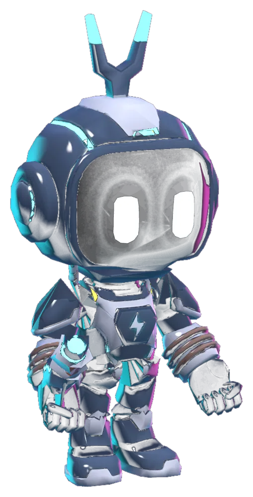Storm, a silver robot with a lightning bolt and a forked antenna.